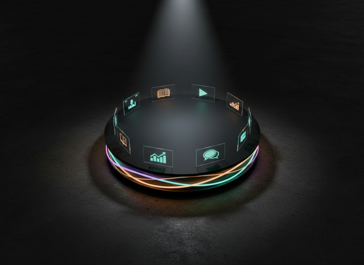 A dramatic top-down photographic view of a circular, matte-black table with a bold, glowing ring of light around its edge, symbolizing a knowledge network. On the table surface, several sleek, transparent screens lie flat, each displaying crisp icons of books, play buttons, bar charts, and conversation bubbles, all in a consistent, vibrant color palette of teal, amber, and electric violet. The surrounding floor is dark, textured concrete, fading into shadow at the edges of the frame. A single overhead spotlight creates a focused halo of light that accentuates the glowing ring and casts soft, radial shadows. The composition is symmetrical and centered, evoking a powerful, unified hub of information, with a clean, futuristic photographic style that communicates connection, truth, and empowerment.
