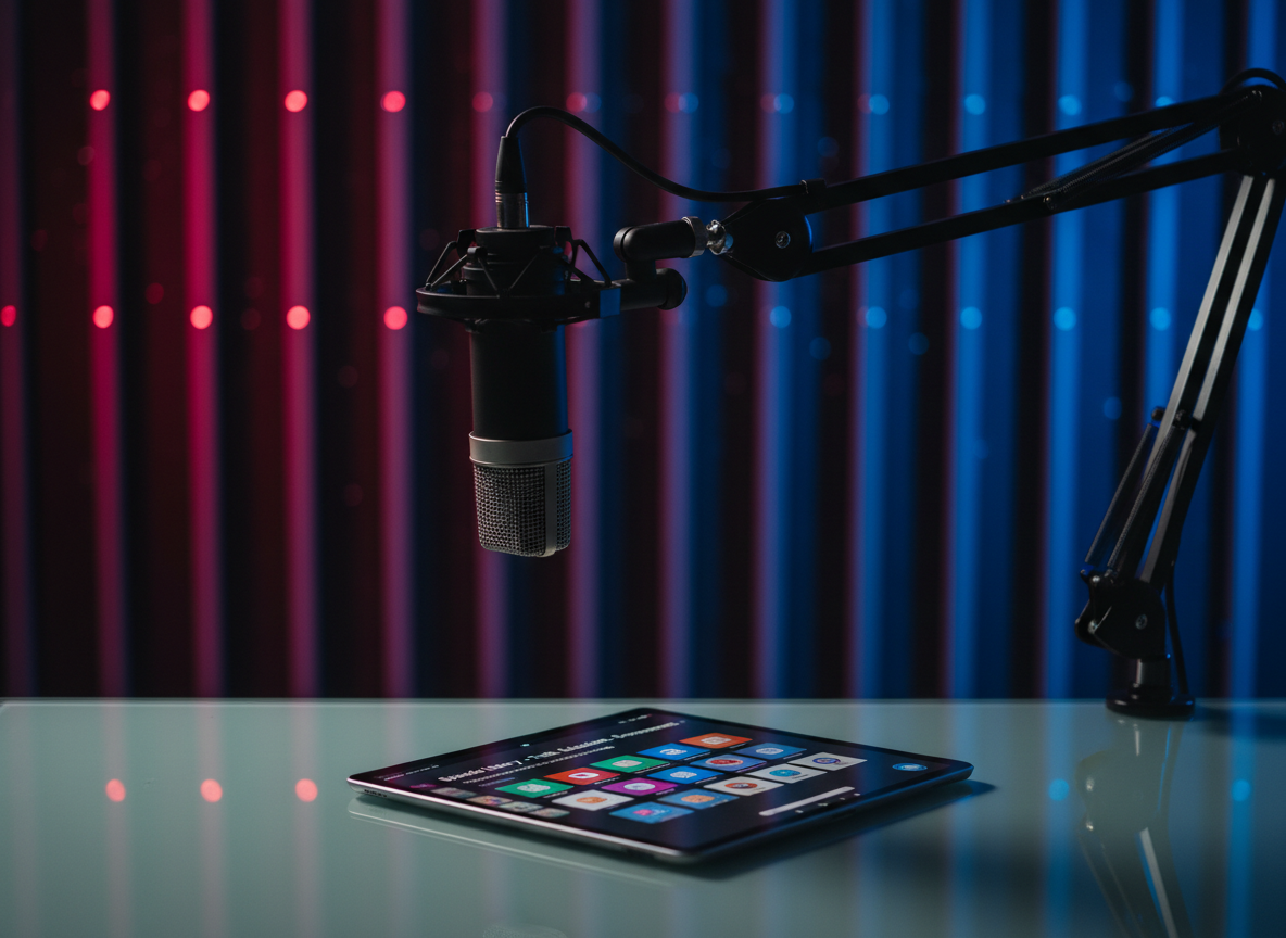 A close-up, cinematic shot of a broadcast-quality condenser microphone with a finely woven metal grill and matte charcoal body, suspended in a robust black boom arm above a minimalist, glass-topped desk. Below, a tablet displays a sharp, colorful interface labeled “Episode Library – Truth. Education. Empowerment.” The background is a softly blurred wall of vertical LED light strips in deep red and electric blue, creating a dynamic bokeh effect. Focused studio lighting from the side brings out crisp detail and subtle texture on the microphone while casting a dramatic shadow on the desk. Framed using the rule of thirds with a shallow depth of field, the photographic image feels bold, intimate, and authoritative, perfect for a podcast TV episode or show page.