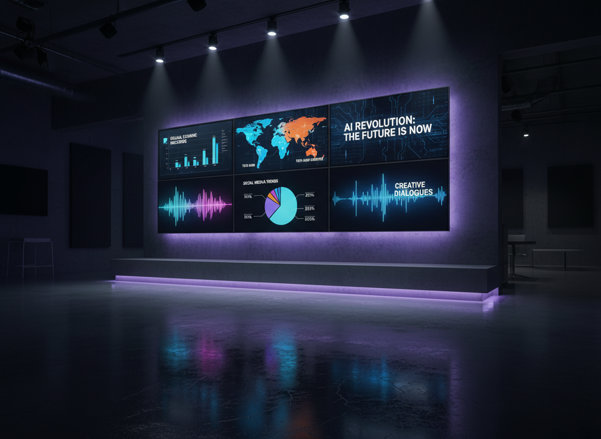 A wall-mounted array of large, bezel-less flat-screen displays forming a panoramic media wall, each showing different podcast TV segments: animated charts, world maps with highlighted regions, bold headlines, and colorful waveform visualizations. The screens float above a minimalist concrete ledge in a dim, high-tech studio space. Cool blue and electric purple accent lights wash across the floor, creating reflections on the polished surface. Overhead spotlights provide crisp, directional lighting that emphasizes the gloss of the displays while the rest of the room fades into soft darkness. Captured from a low, slightly angled perspective with strong leading lines, the scene feels bold, futuristic, and empowering, embodying photographic realism with a clean, modern aesthetic that conveys a powerful knowledge network in action.