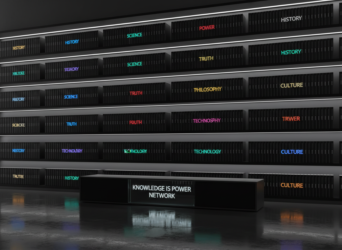 An illuminated bookshelf-style media archive filled with neatly arranged dark cases labeled with metallic titles like “History,” “Science,” “Power,” and “Truth,” each spine glowing with a different bold color. Small, embedded LED strips run along each shelf, casting a clean, white light that reflects off the gloss surfaces of the cases. In front of the shelves, a sleek, low-profile black media console holds a flat, glass plaque etched with “Knowledge is Power Network.” The space around is minimal, with a deep charcoal wall and subtle reflections on the polished floor. Shot from a slightly elevated angle with sharp focus throughout, the photographic realism and orderly composition create a mood of authority, organization, and empowerment, ideal for representing an on-demand content library or archive section.